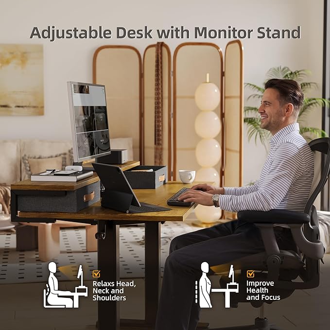 Claiks Electric Standing Desk with 2 Drawers, Adjustable Standing Desks with Storage, Height Adjustable Stand up Desk for Home Office with 2 Hooks,48 Inch Ruist Brown