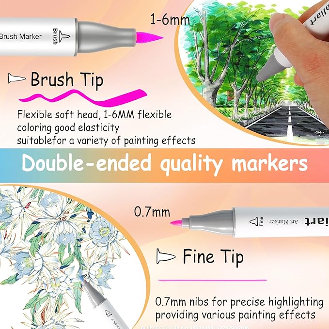 Caliart Alcohol Markers Brush Tip, 51 Colors Dual Tip Artists Coloring Markers Set Brush & Fine, Permanent Alcohol Based Colored Sketch Pens, Art Supplies Gifts for Adults Illustration Drawing