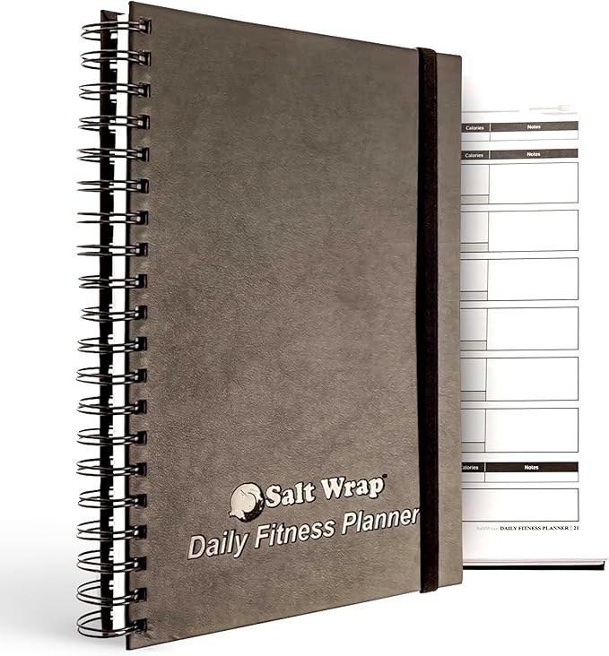 SaltWrap Daily Fitness Planner - Gym Workout Training Log, Weightlifting Exercise Journal, and Food/Diet Tracker - Daily and Weekly Pages, Goal Tracking, Spiral-Bound, 7 x 10 inches