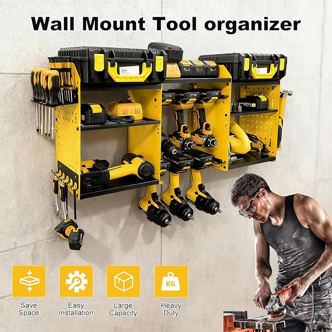 ERVNYNT 3 layers power tool organizer Loads 150lbs with 6 Cordless Drill Holder and 6 Outlet Power Strip,it’s good choice for husband birthday gift,yellow