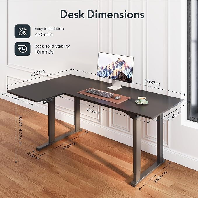 SANODESK 4-Leg L Shaped Standing Desk, Electric Height Adjustable Desk with Memory Presets for Home Office, Stand up Desk Computer Workstation, 78x43 Inches Black