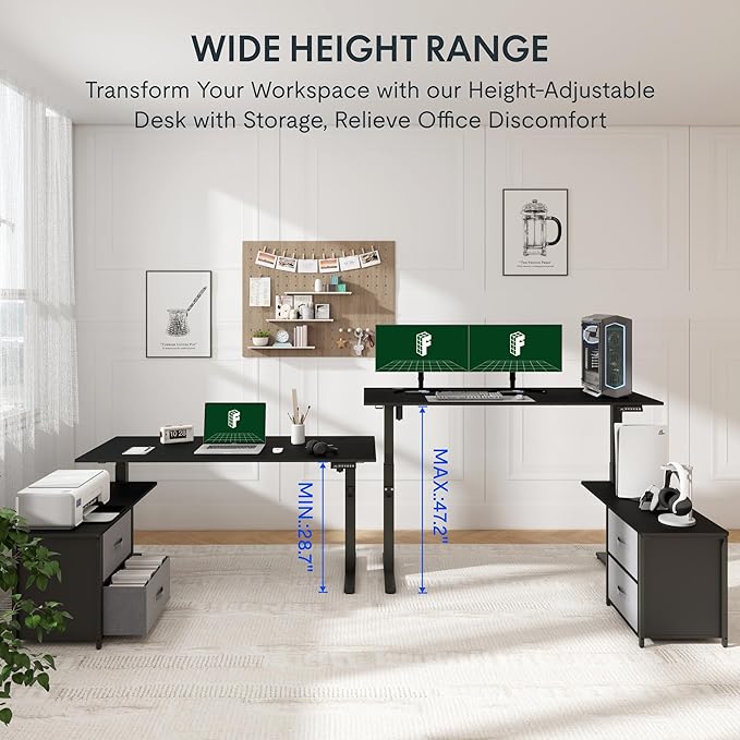 FLEXISPOT 63'' L Shaped Reversible Standing Desk with Drawers and Shelves, Large Corner Stand Up Executive Desk for Home Office, Black Top+ Black Frame