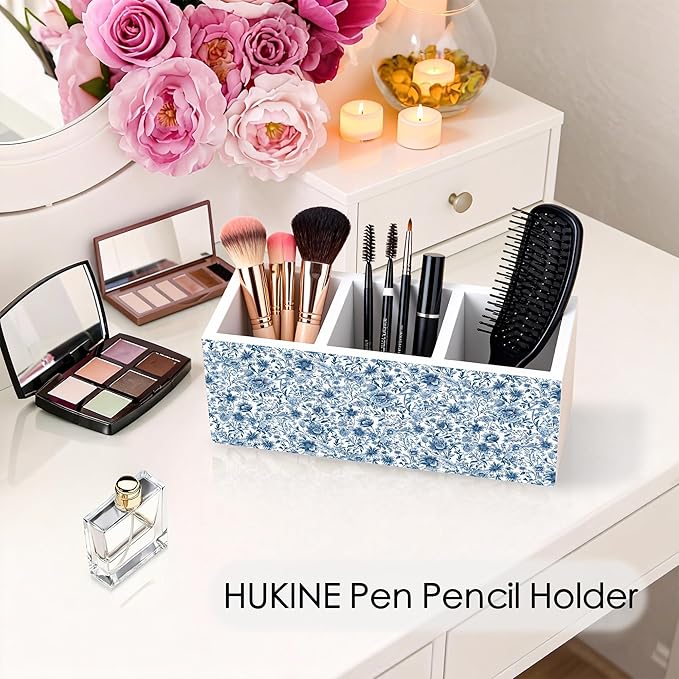 HUKINE Blue and White Chinoiserie Floral Pen Holder for Desk Decoration, Vintage Blue Toile De Jouy Flower Wooden Box Sign Pencil Holder Organizer for Home Office Desk Accessories