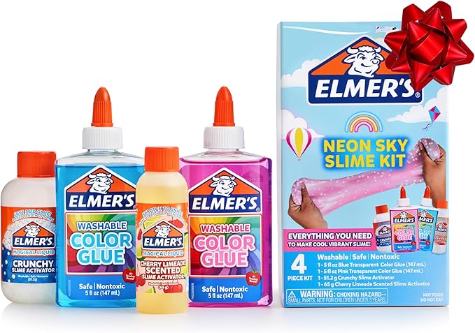 Elmer’s Neon Sky Slime Kit, Includes Transparent Color Liquid Glue, Crunchy and Cherry Limeade Scented Activators, 4 Piece Kit - Perfect for Birthday Parties, Gift Idea, Kids Activity