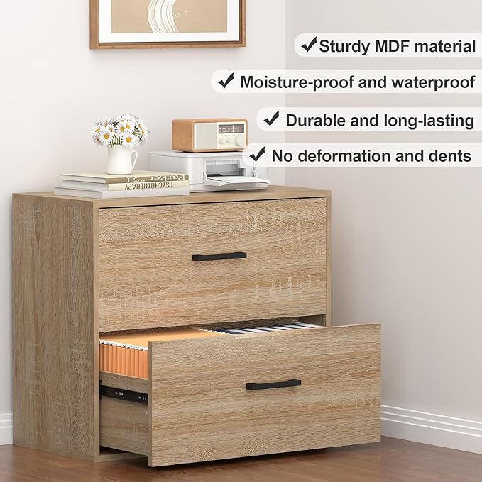 FATIGOS 2 Drawer Lateral File Cabinets, Wooden File Cabinets for Home Office, Large Office Filing Cabinet with Drawer, Printer Stand for Hanging Files/Letter/Legal Size, Oak