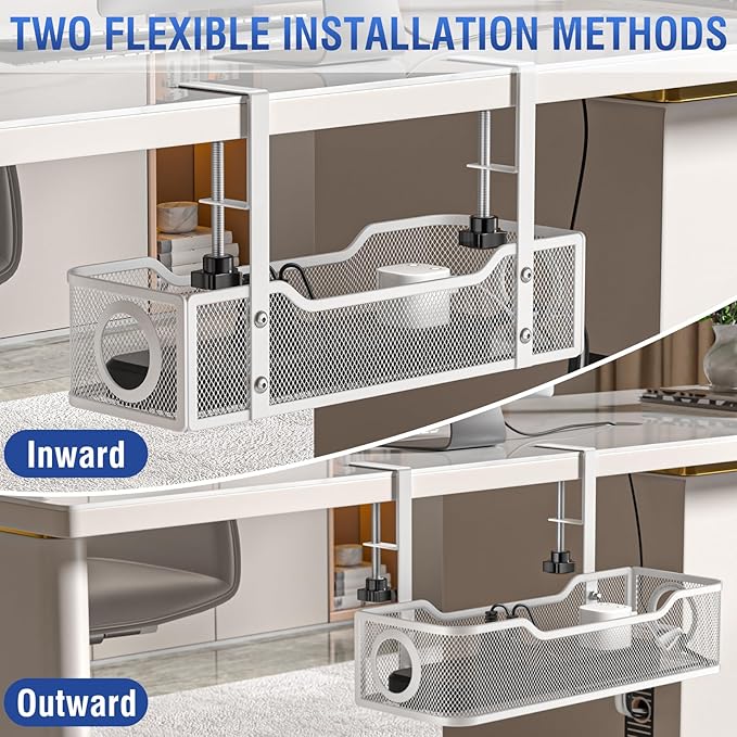 Under Desk Cable Management Tray, GZOKMOG Cord Management with Upgraded Clamp No Drill, Metal Cable Management Box for Home Office, Wire Management for Standing Desk, 2 Pack White, 13.38 inch