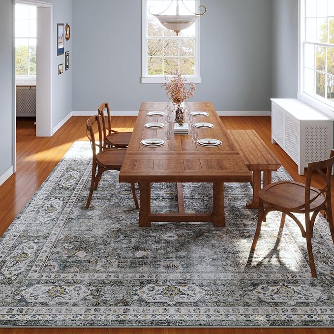 Rugcomf 9x12 Rug Washable Boho Soft Large Area Rug Non-Slip Faux Wool Vintage Rug for Living Room, Farmhouse, Dining Room, Indoor, Kids Playroom (Grey)