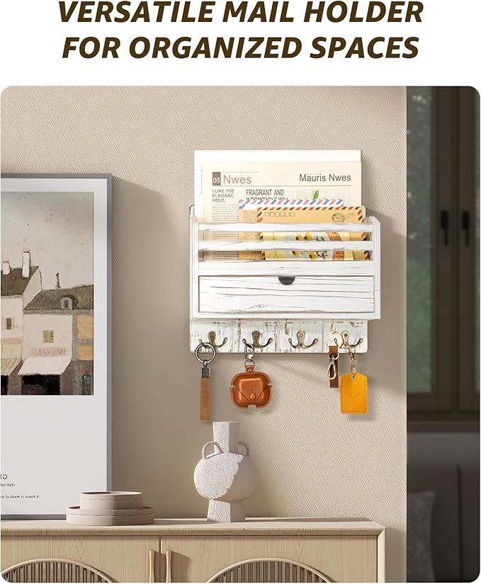 Rebee Vision Farmhouse Mail Organizer Wall Mounted – Rustic Key and Mail Holder for Wall with Drawer Organizer and 7 Key Hooks – Home Organization for Home Decor (Whitewash)
