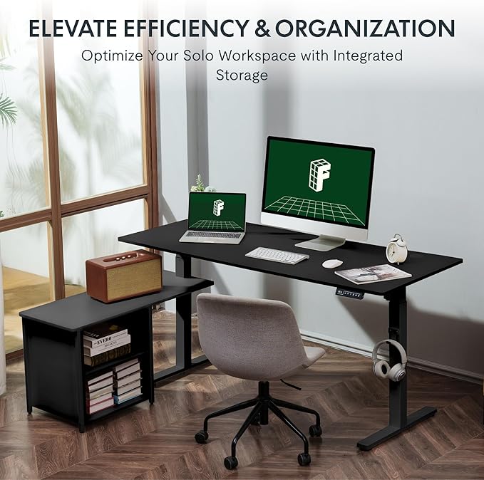 FLEXISPOT 63'' L Shaped Reversible Standing Desk with Drawers and Shelves, Large Corner Stand Up Executive Desk for Home Office, Black Top+ Black Frame