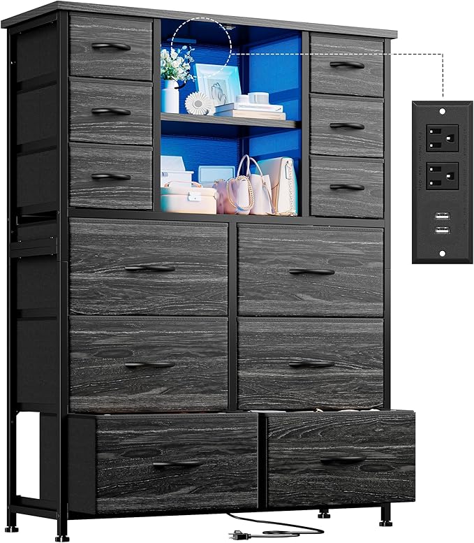 EnHomee Dresser for Bedroom with Charging Station & LED Light, Large Dresser for Hallway, Living Room, Entryway, Metal Frame, Black Dressers & Chest of Drawers, 50.6" H x 37.8" W x 11.8" D