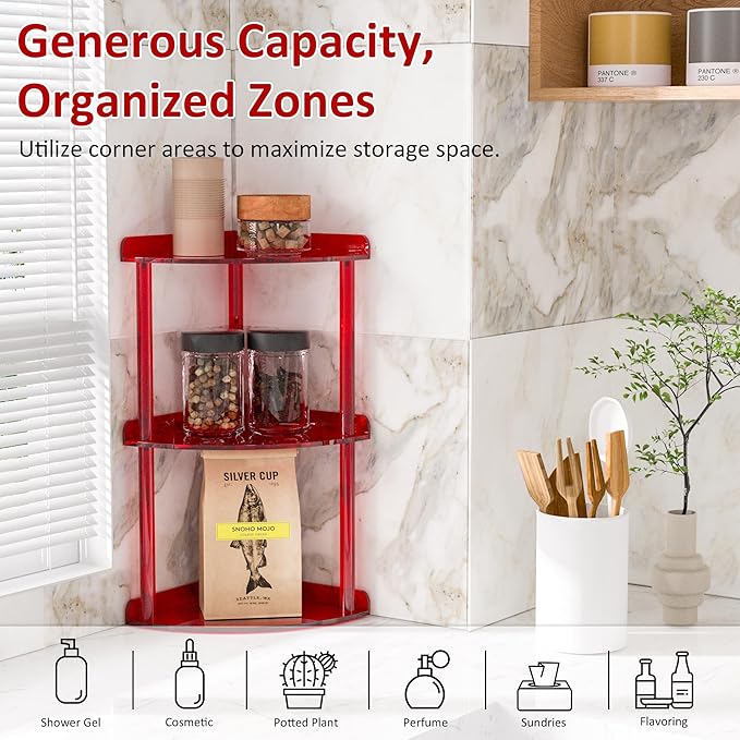 Sezanrpt 3 Tier Countertop Corner Organizer Shelf 7x7x15.7 Inch, Red Countertop Acrylic Bathroom Corner Shelf, Vanity Storage Organizer for Cosmetics, Toiletries