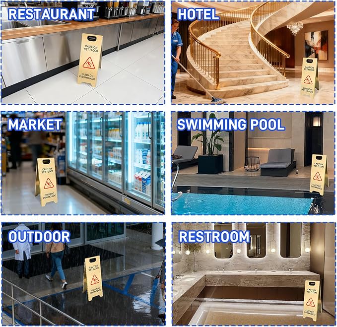Kerty 2 Pack Stainless Steel Wet Floor Sign, 24 Inch Caution Wet Floor Sign Portable Foldable Bilingual Safety Warning for Hotel Market Restroom Restaurant Office (Gold)