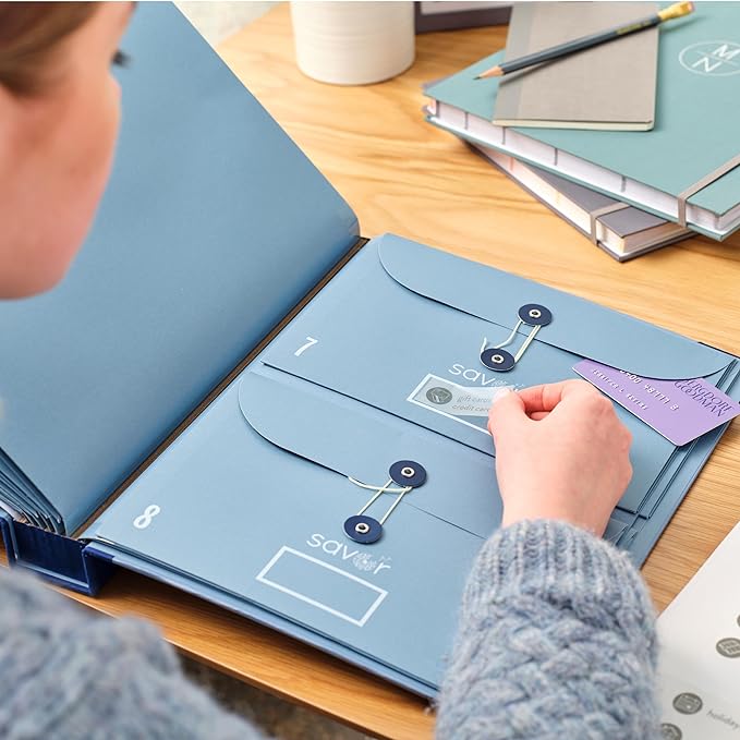 Savor | The Folio™ Document Organizer 2025 Edition | Acid-Free Custom Dyed Cloth-Bound Accordion File Organizer w/ 10 Expandable Pockets | File Folders for Home Organization & Graduation Gift (Blue)