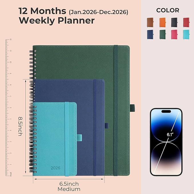 IN-LUXPRO Planner 2026 Daily Weekly and Monthly,8.5"x6.5",12 Months Spiral Bound Calendar Agenda with Self-adhesive Pen Holder,2026 Appointment Book with Vegan Leather Soft Cover,Blue