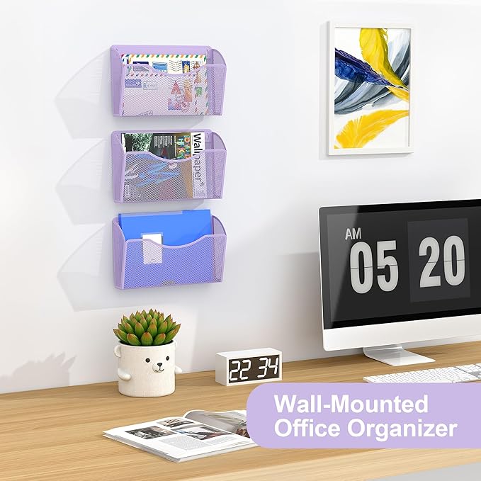 EasyPAG Single Pocket Wall File Organizer, Mesh Hanging File Folder Organizer for Letter/A4 Size Folders, Wall Mounted Vertical Mail Holder for Paperwork, Office, Home, School, Purple