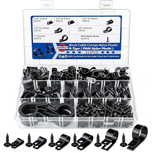 JORREP 322PCS Black Cable Clips R-Type Nylon Wire Clips Assortment Kit 6 Sizes 3/16" 1/4" 3/8" 1/2" 3/4" 1" Cable Clamps with M4 Screws for Wire Managemen, Office, Garage