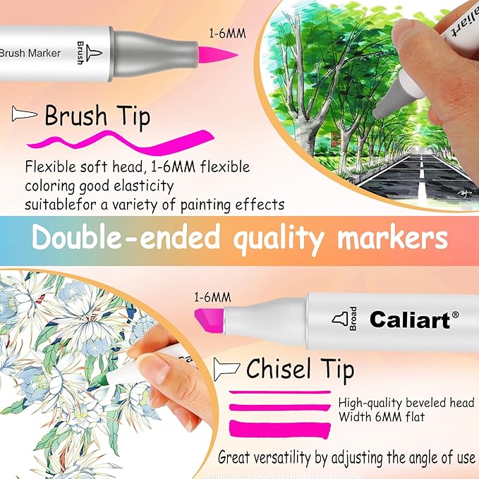 Caliart Alcohol Markers Brush Tip, 51 Colors Dual Tip Artists Coloring Markers Set Brush & Chisel, Permanent Alcohol Based Colored Sketch Pens, Art Supplies Gifts for Adults Drawing Illustration