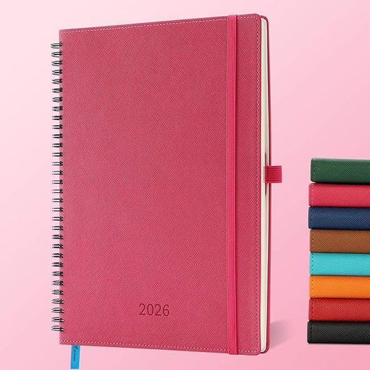 IN-LUXPRO Planner 2026 Daily Weekly and Monthly,11.5"x8.5",12 Months Spiral Bound Calendar Agenda with Self-adhesive Pen Holder,2026 Appointment Book with Vegan Leather Soft Cover,Rose Red