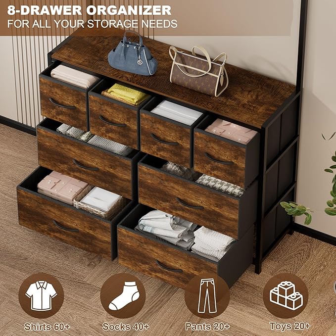 YKVIQBY 8 Drawer Dresser with 6 Double Hooks, 68.9" Tall Closet Organizer and Storage, Fabric Dresser for Bedroom, Nursery, Closet, Space-Saving Freestanding Storage Cabinet (Rustic Brown)