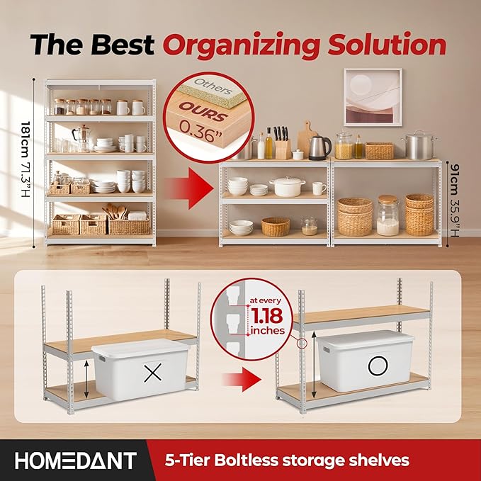 HOMEDANT 5 Tier Storage Shelves Adjustable Laminated Boltless Garage Metal Shelving Unit Heavy Duty Utility Rack Shelf Warehouse Pantry Closet Kitchen (2, (L) 48.1" W, White)