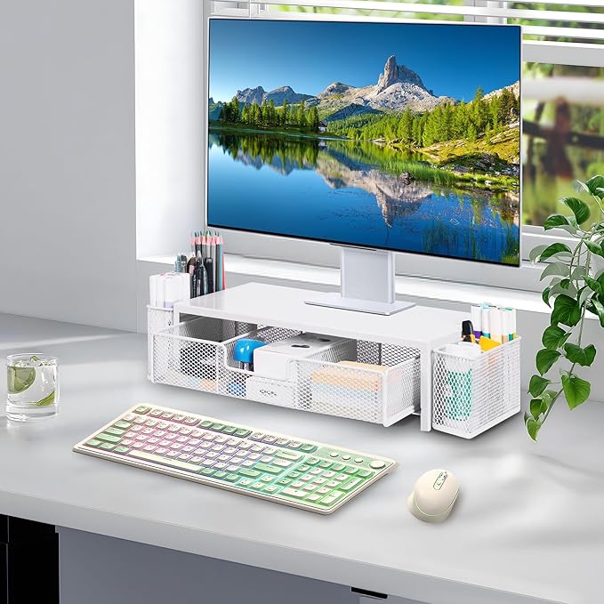 Qupui Computer Monitor Stand Riser with Drawer and Pen Holders, Desk Organizer Shelf and Accessories, Office Desk Accessories, Office Organization, White