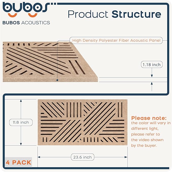 BUBOS 4 Pack Thickened Acoustic Panels, 23.6''x11.8'' Self-Adhesive Sound Absorbing Cavity Acoustic Wall Panels for Theater Studio Room Recording Room Gaming Room Meeting Rooms,VortexCore Brown