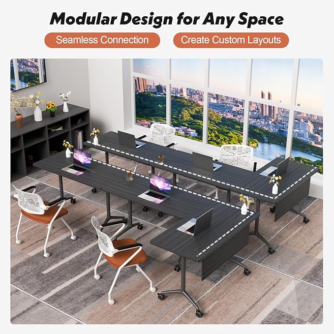Goakwwuz Conference Room Table, Folding Conference Tables,Thicken Grey Tabletop,Flip Top Wooden Seminar Meeting Room Table for Conference Room Offices (8, BlackWoodGrain, 61.0“)