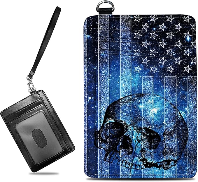 BWEGRHE Small Travel Wallets, Blue Skull Flag Slim Minimalist Front Pocket Wallet with Wristlet, RFID Blocking PU Leather Credit Card Holder with ID Window Change Purse for Men Women