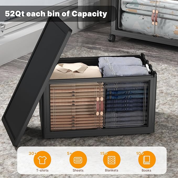 UAMFURI Extra Large Stackable Storage Bins with Lids & Wheels & Door, 416QT-52QT/13GAL*8Pack Foldable Collapsible Closet Organizers, Plastic containers drawers for bedroom Dorm