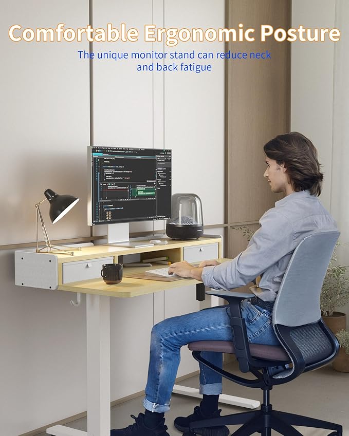 YIHAYO Electric Standing Desk with Drawers, 60 x 24 Inches Adjustable Desk with Storage Shelf, Computer Table with Splice Board for Home Office, White Frame/Natural Top