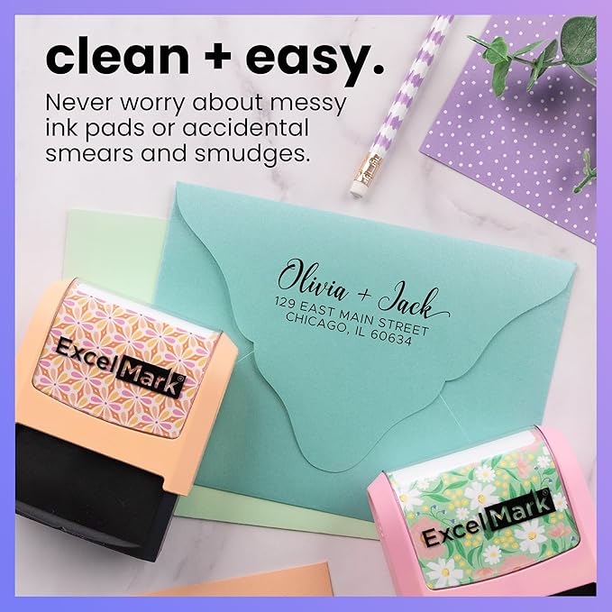 ExcelMark Address Stamp - Custom Return Address Stamp with Elegant Designs, Vibrant Colors & Patterns – Perfect for Mail, Invitations & Gifts (Black Mount, Signature Script)