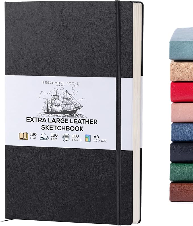 Beechmore Books A3 Sketchbook – 11.7x16.5 Premium Vegan Leather Bound Extra Large Sketch Book Hardcover, 160gsm 160 Perforated Ivory Pages, Blank Sketch Pad, Gift Boxed, Back Pocket, Ribbon Bookmark