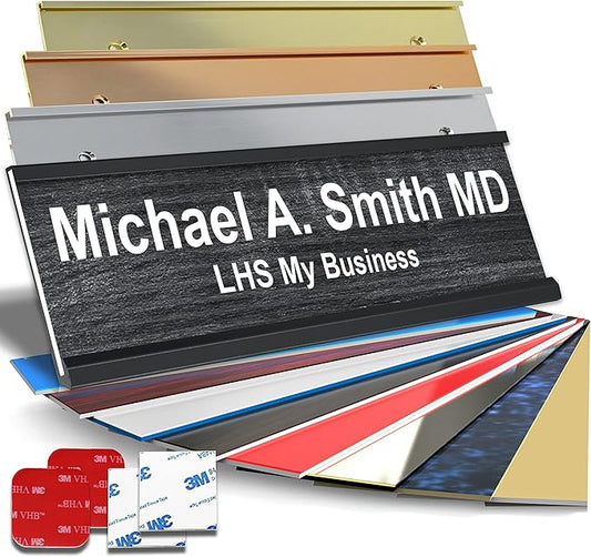 Custom Name Plate with Choice of Mounting for Walls, Doors, Desk Holders, Cubicles, Hanging and More - Personalized Carbon Ash Plastic White Letters - USA Made 2x8 - N1
