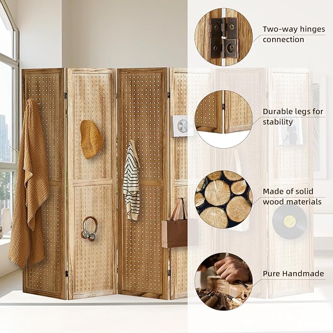 Aleesing 6 Panel Pegboard Display with 24 Hooks, Pegboard Room Divider and Folding Privacy Screens, Partition Room dividers, Wooden Room Divider Wall, Jewelry Store, Bedroom, Balcony, Light Brown