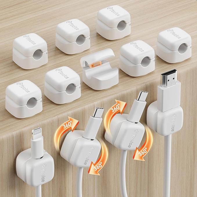 Yocice 12Pack Rotatable Cord Organizer,Spring Cable Clips Desk Cable Management Cord Holder Adhesive Phone Charger Cord Clips for Home Office Car Wall Nightstand Accessories, White