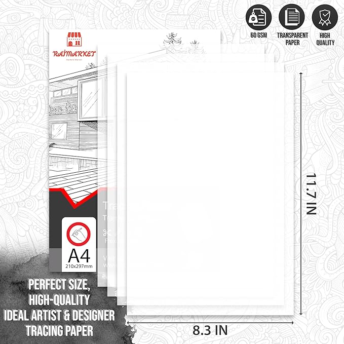 Raimarket Premium Tracing Paper Pack – 9x12 Inches, 100 Sheets, 60gsm, Transparent Paper for Drawing, Sewing and Architectural Drafting