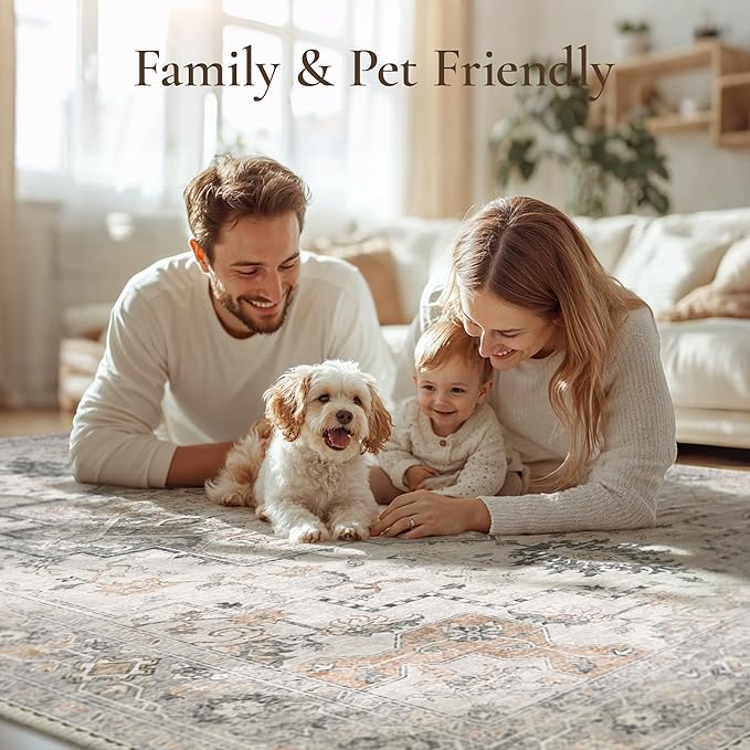 GENIMO 4x6 Area Rugs for Living Room, Machine Washable Low Pile Vintage Rugs, Non Slip Lightweight Chenille Print Rug for Bedroom, Dining Room, Home Office, Light Taupe Brown