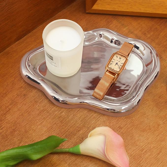 CCINPPY Ceramic Jewelry Tray Trinket Dish, Decorative Cloud Vanity Key Tray for Women, Ring Holder Dish, Cute Jewelry Plate Bowl Room Decor Aesthetic, Silver, Large