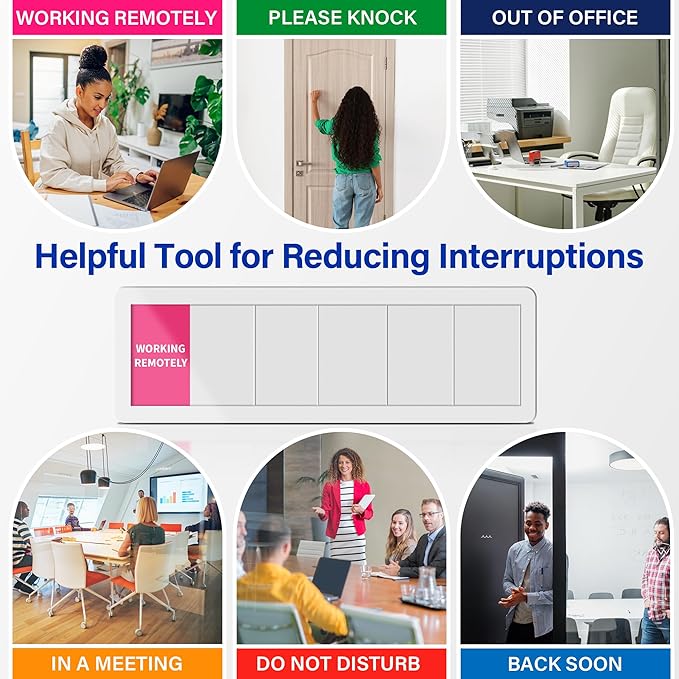 Office Door Signs with 6 Printed Status Options – Do Not Disturb, Out of Office, In a Meeting, Please Knock, Work from Home, Back Soon – Includes Custom Personalized Blank Sticker for Privacy Workspace or Studio Available and Away