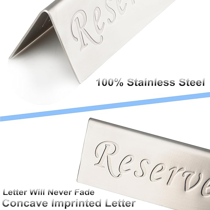 Reserved Sign - Brushed Stainless Steel Free Standing Table Top Compliance Sign - Double Sided - 4.7 By 1.6 Inch - Set of 2 - Silver