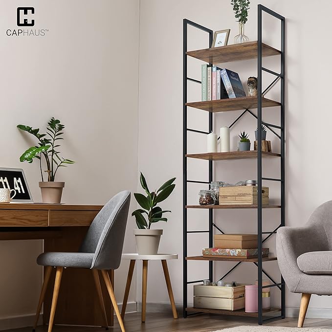 CAPHAUS 6 Tier Bookshelf, 24 Inch Width Free Standing Shelf, Bookcase Shelf Storage Organizer, Industrial Book Shelves for Home Office, Living Room, Kitchen, Rustic Oak Vintage Shelves & Metal Frame