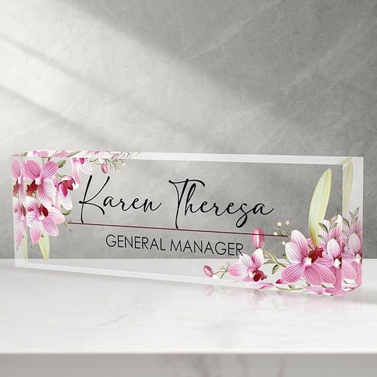 Custom Office Name Plate, Personalized Gifts for Women & Employees, Office Desk Accessory (Pink Orchid)