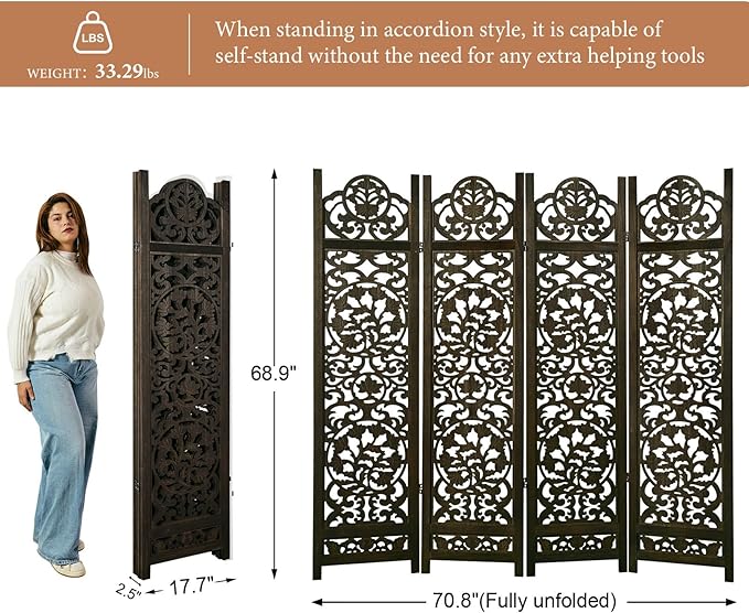 5.75Ft Room Divider Wood Screen, 33Lbs Durable MDF Carved Rustic Style Headboard, Reversible Freestanding Folding Partition Paravent for Home, 69 * 71 inch(H*W) - 4 Panels (Antique Brown)