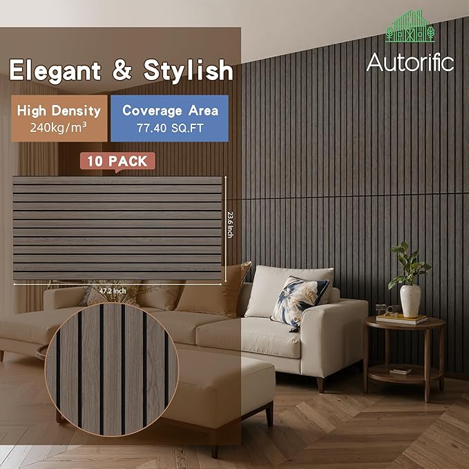 AUTORIFIC Wood Veneer Sound Panels, 10 Pack 47.2”x23.6” Wall Panels, Decorative Acoustic Panels for Walls, for Office,Home Theater,Studio,Living Room, Walnut(Mitred)