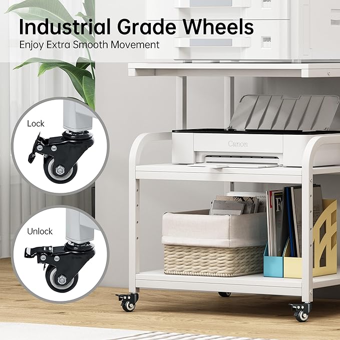 Fannova Printer Stand, 25.6" x 23.6" x 30.9" Extra Large Printer Table with Adjustable Storage Shelf, 3 Tier Rolling Printer Cart with Industrial Wheels for Home Office, White