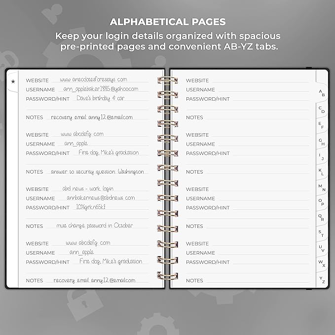 Clever Fox Password Book Spiral – Internet Address & Password Organizer with Laminated Alphabetical Tabs – Password Keeper Journal – Hardcover, Medium Size, 6.1x7.7” (Black)