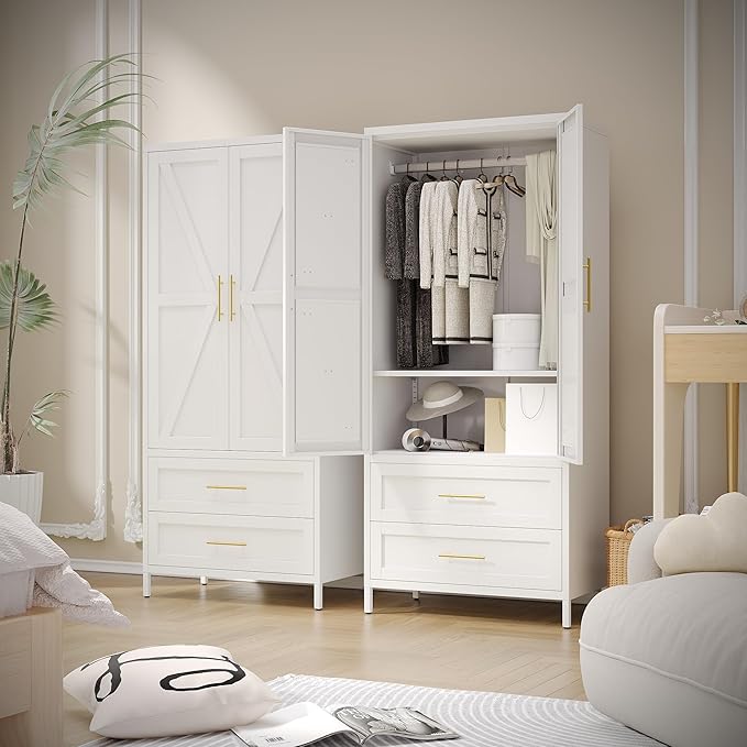 SUPEER Metal Wardrobe Cabinet with 2 Drawers and Hanging Rod, 70.9" H Metal Armoire Wardrobe Closet with Adjustable Shelf for Bedroom, Laundry Room, Home,Office,Installation Required,White