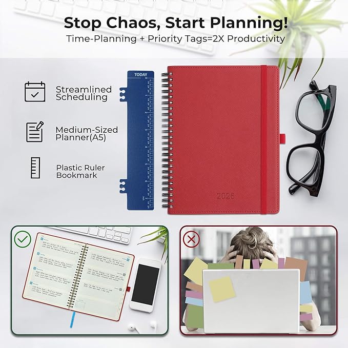 IN-LUXPRO Planner 2026 Daily Weekly and Monthly,8.5"x6.5",12 Months Spiral Bound Calendar Agenda with Self-adhesive Pen Holder,2026 Appointment Book with Vegan Leather Soft Cover,Red