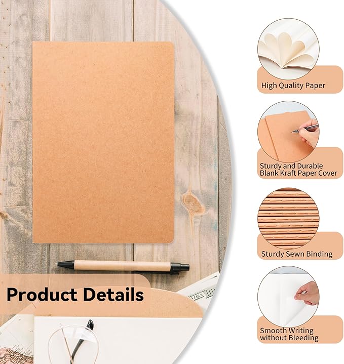 miikoul 24 Pack Blank Kraft Notebooks, 8.3"x5.5" A5 Small Journal Bulk Blank Notebooks 80 Gsm Unlined with 60 Pages A5 Subject Notebooks Traveler Journal Set for Adult Students Office School Supplies