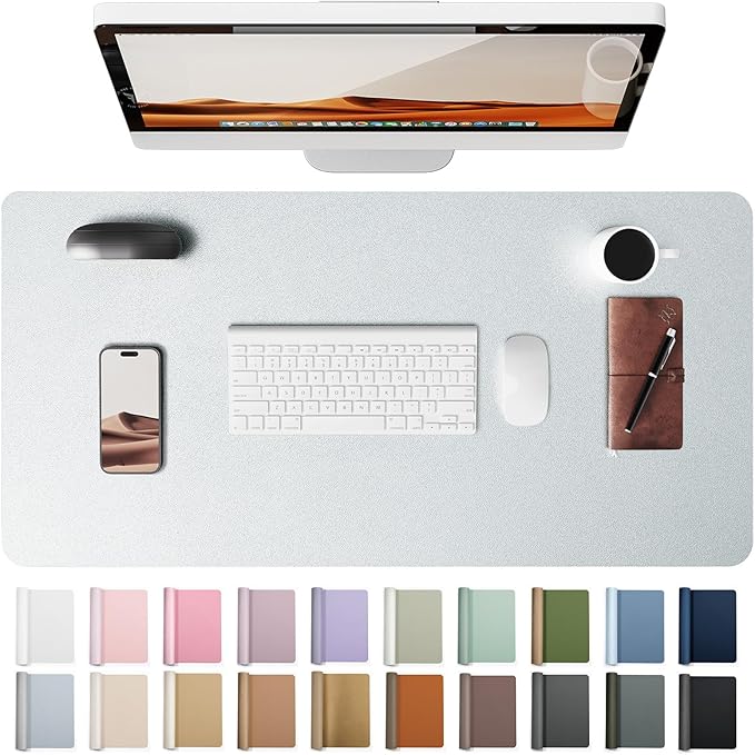 YSAGi Leather Desk Pad Protector, Office Desk Mat, Large Mouse Pad, Non-Slip PU Leather Desk Blotter, Laptop Desk Pad, Waterproof Desk Writing Pad for Office and Home (Silver, 35.4" x 17")